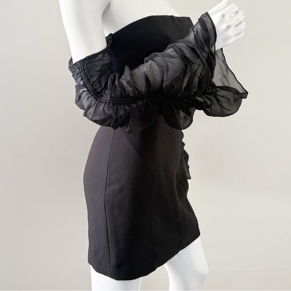 Cinq à Sept Anastasia Off Shoulder Sheer Ruffly Sleeve Black Mini Dress Holiday - Picture 3 of 8